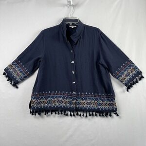 John Mark Jacket Womens  PL Petite Blue Embroidered Button Front Boho Artsy